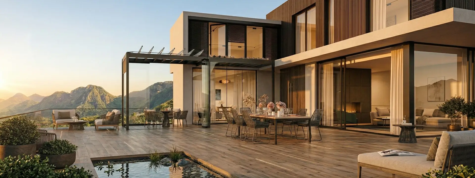 Bewegliches Glas-Lamellendach über einer modernen Terrasse